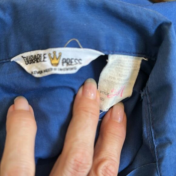 Vtg 70s Blue with White Stitching Long Tunic Polyester/Cotton Long Sleeve Shirt - Picture 9 of 9